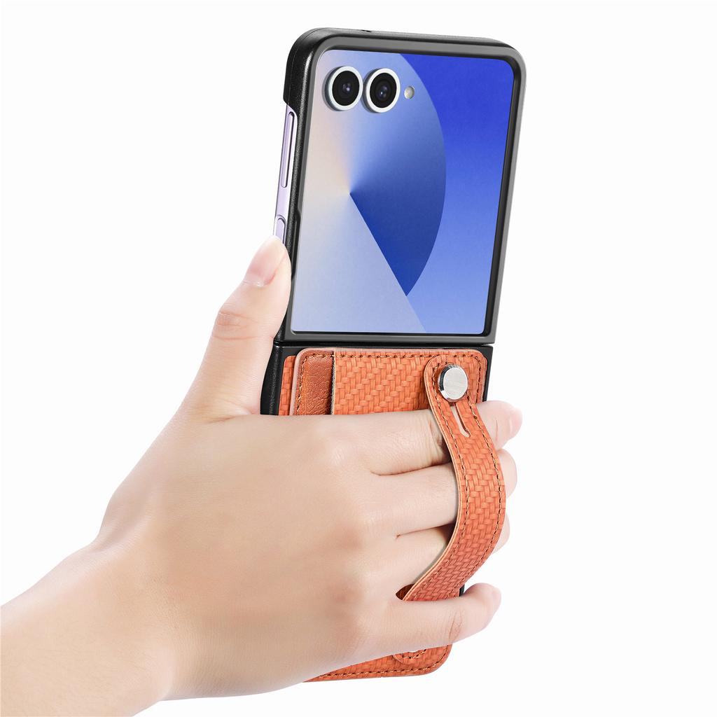 Чехол для Samsung Galaxy Z Flip7 5G Кожаный чехол на заднюю панель телефона с текстурой углеродного волокна с держателем для карт