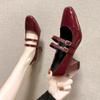 2025 Spring Autumn Women Double Buckle Mary Janes Patent Leather Dress Shoes High Heels Pumps Retro Ladies Shoe Black Red