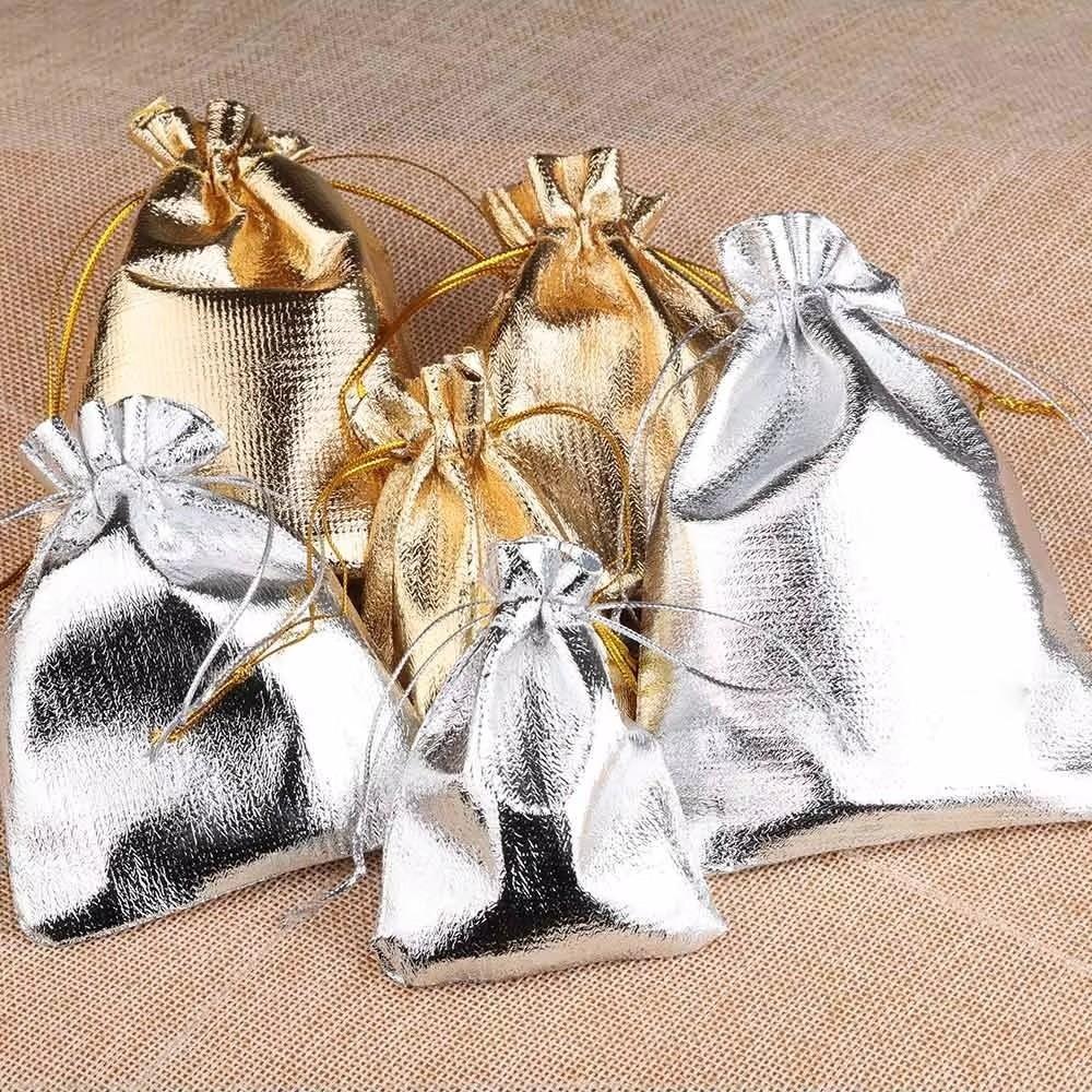 20PCS Gold Silver Color Drawstring Pouches 7x9cm 9x12cm 10x15cm Candy Packing Bags Wedding Gift