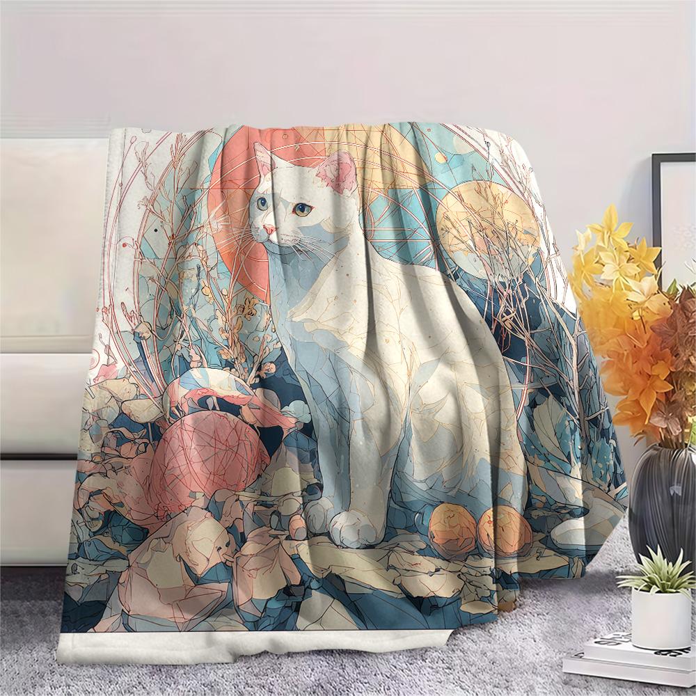 Artistic Cats Print Flannel Blanket, High quality Comfortable for All Seasons, Home Decor, Warmth and Comfort