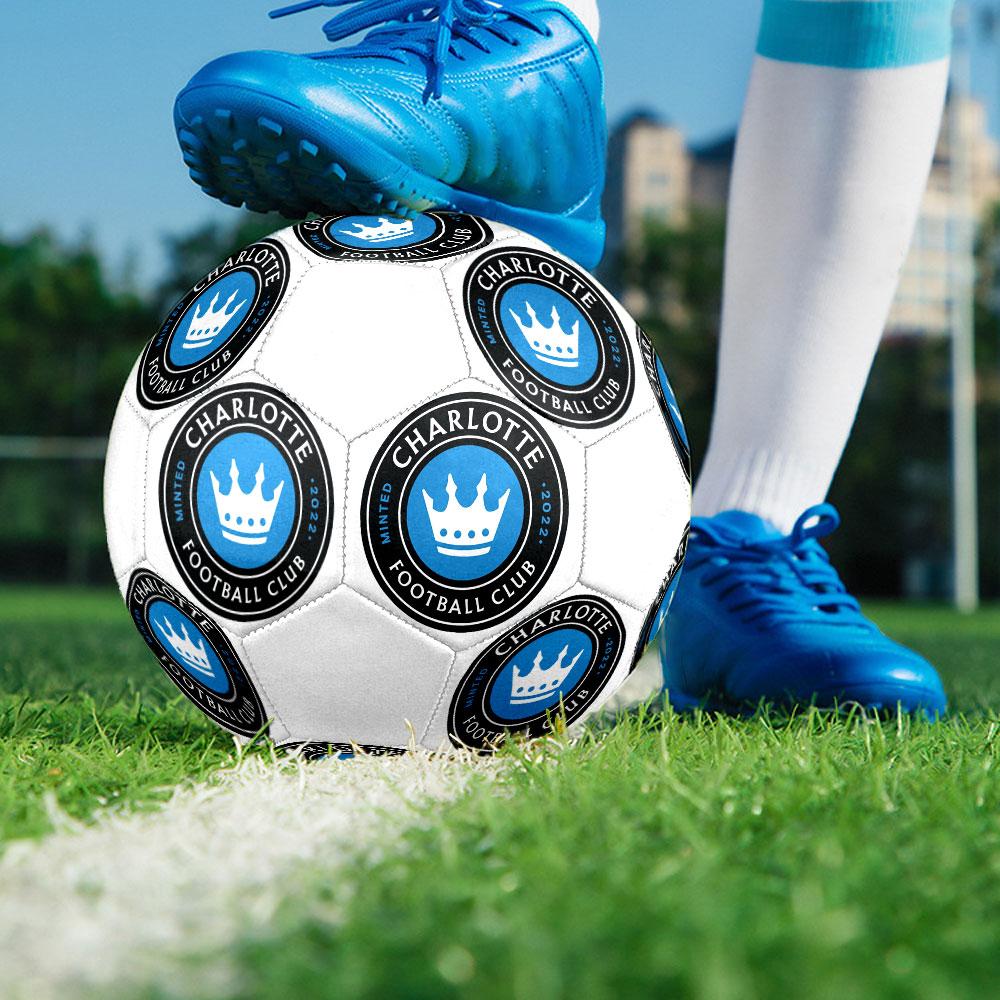 Charlotte FC Size 5 Soccer Ball, Machine-Stitched PVC, Durable & High Bounce, All Ages Fit, fan merchandise, matches & outdoor use.