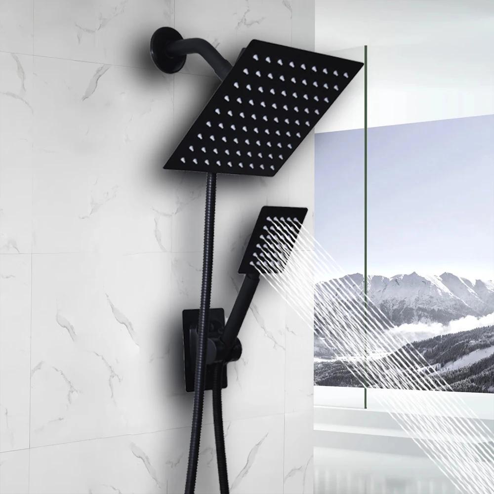 High Pressure Square 8 Inch Rain Shower Head Shower Accessorie Bathroom Top Shower Head Set Black Handheld Shower Spray