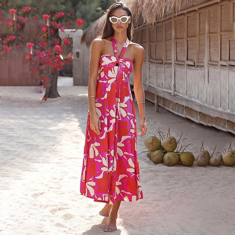 Женское летнее длинное платье с принтом, повседневный сарафан без рукавов до середины икры с лямкой на шее