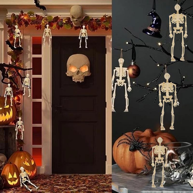 6pcs Halloween Hanging Skeleton with Rope Halloween Party Plastic Skull Decoration for Home Garden Haunted House Props Kids Toy