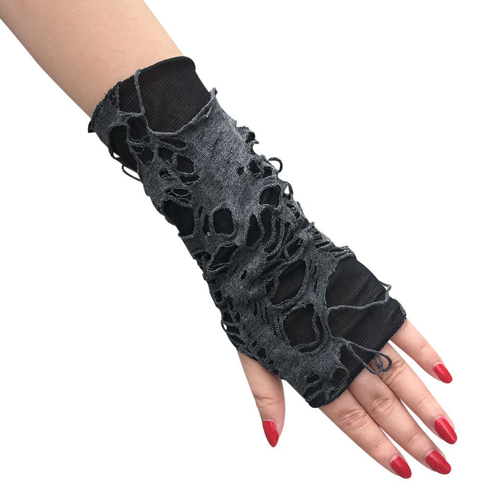 Fashion Cosplay Party Gothic Long Black Arm Warmer Beggar Style Halloween Gloves Punk Mittens Hole