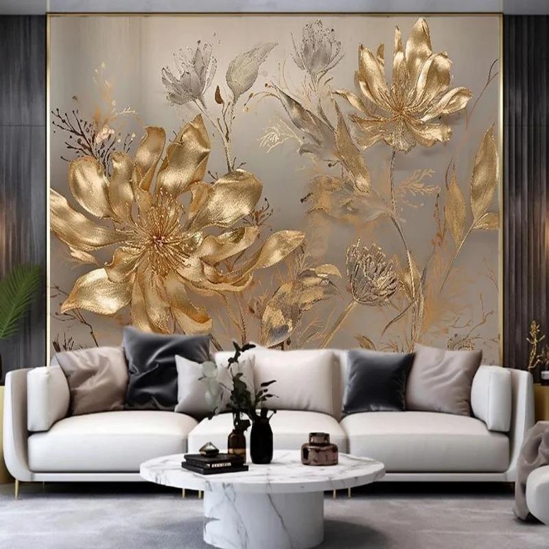 Современные 3d обои Light Luxury 3d Golden Flower Mural Гостиная Спальня Диван Настенные фрески Домашний декор