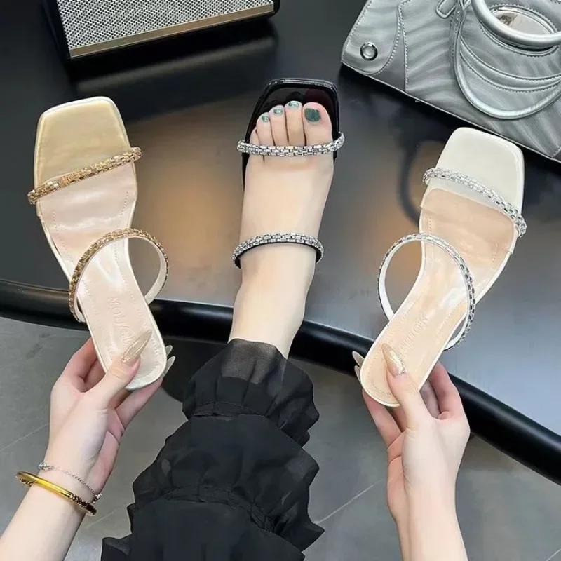 Женская обувь 2025 года, модные тапочки с квадратным носком, женская горячая распродажа, платье с кристаллами, женские сандалии, летние новые туфли больших размеров на высоком каблуке