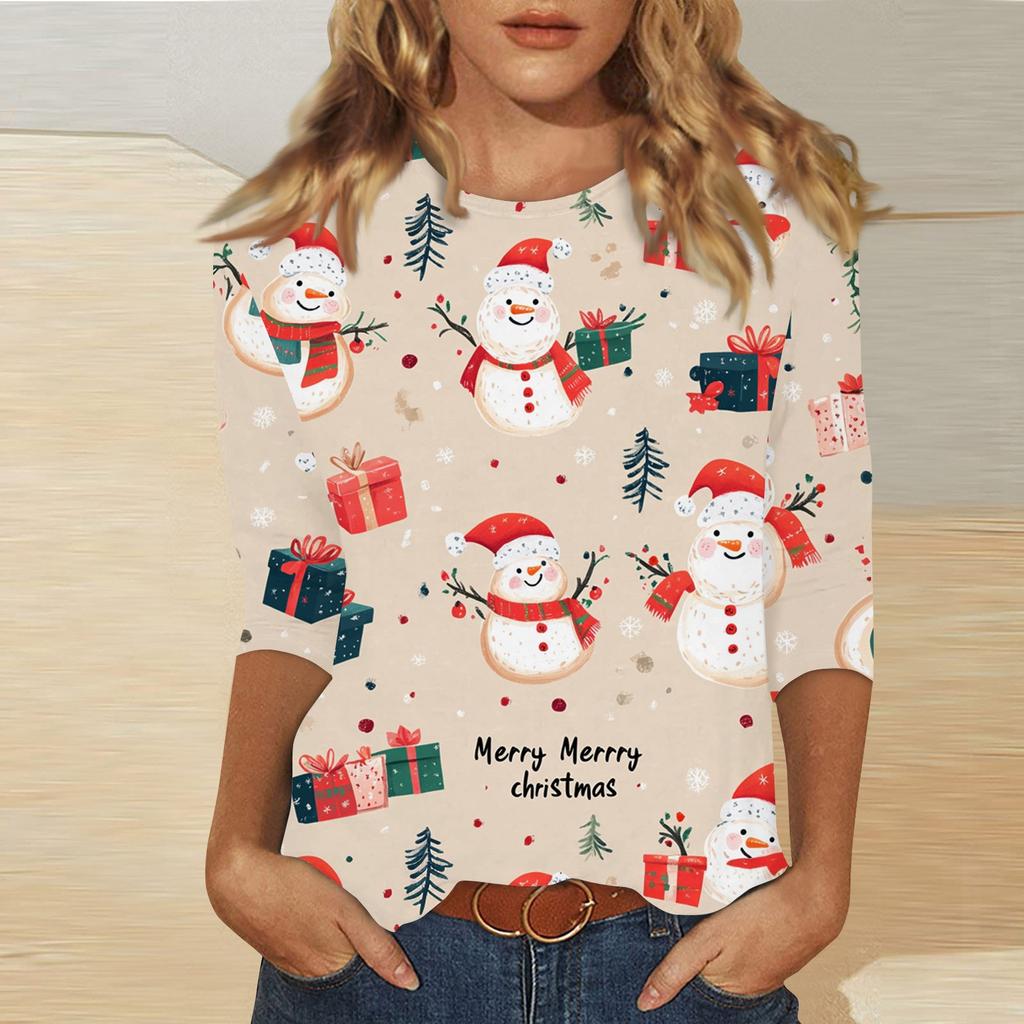Women's Fashion Casual Three-quarter Sleeve Christmas Printed Round Neck Pullover Top