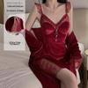 Gorgeous Lace See-Through Deep V Velvet Nightgown & Robe Set with Padding - Sweet Temptation 3908
