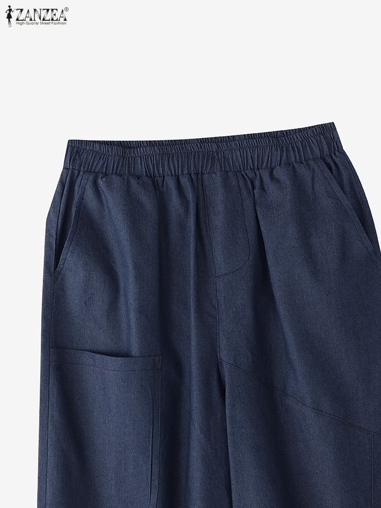 ZANZEA Женские повседневные эластичные брюки гаремы свободного кроя однотонные