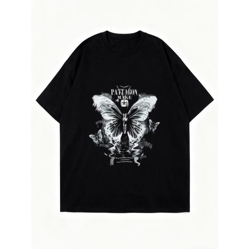 Oversized T Shirt Black Butterfly Print With PACTAGON PARK Text Casual Streetwear Fashion Women Summer Top