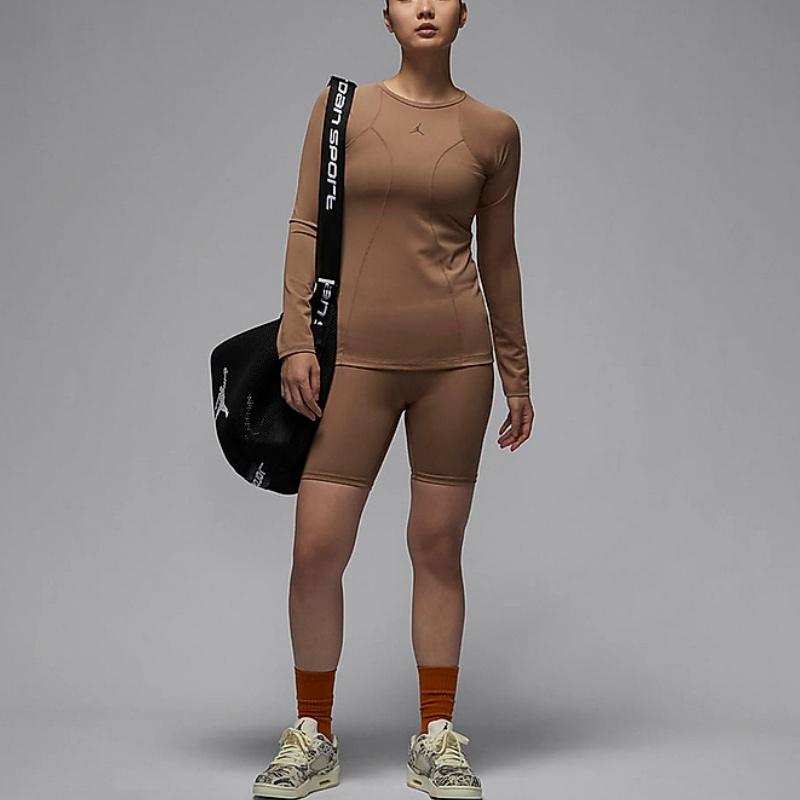 Jordan Футболка с длинным рукавом и круглым вырезом с логотипом, женские топы коричневого цвета FN5111-223