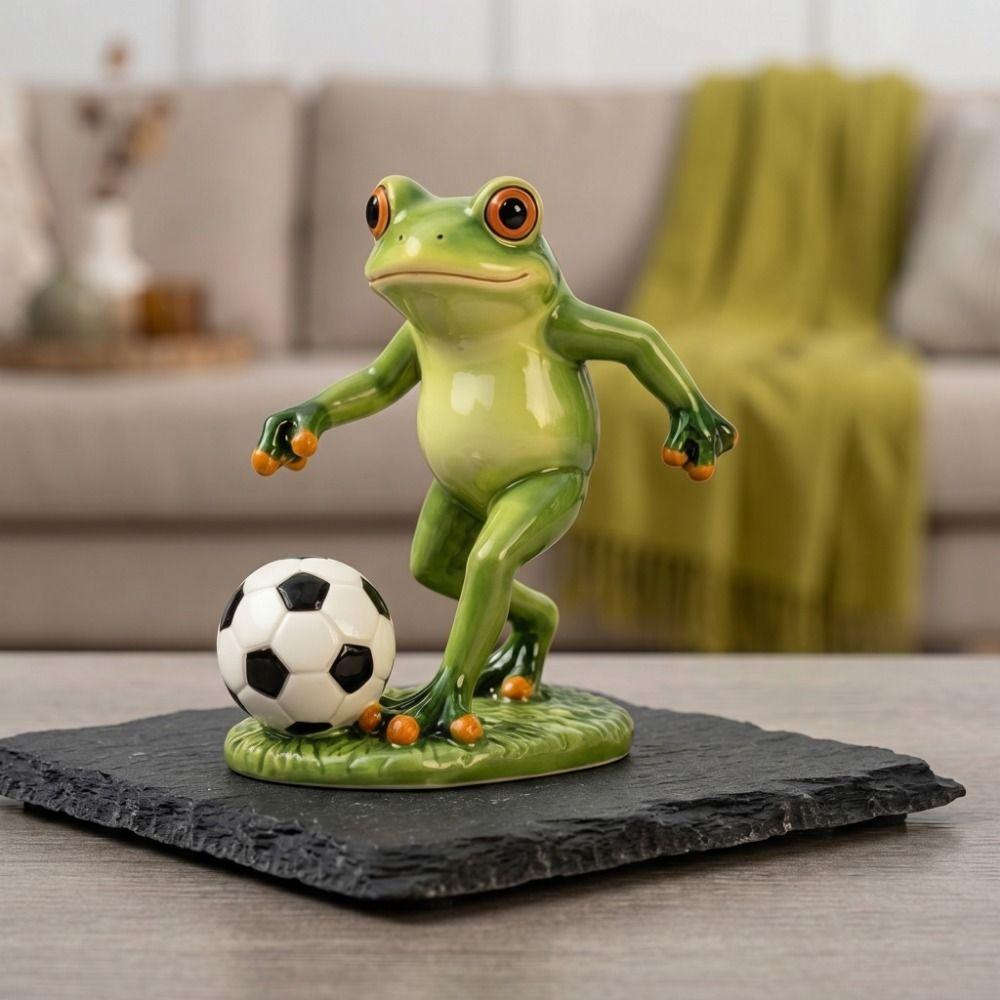 Weatherproof Frog Kicking Football Ornament Cute Frog Figurines Football Frog Sculpture  Desktop