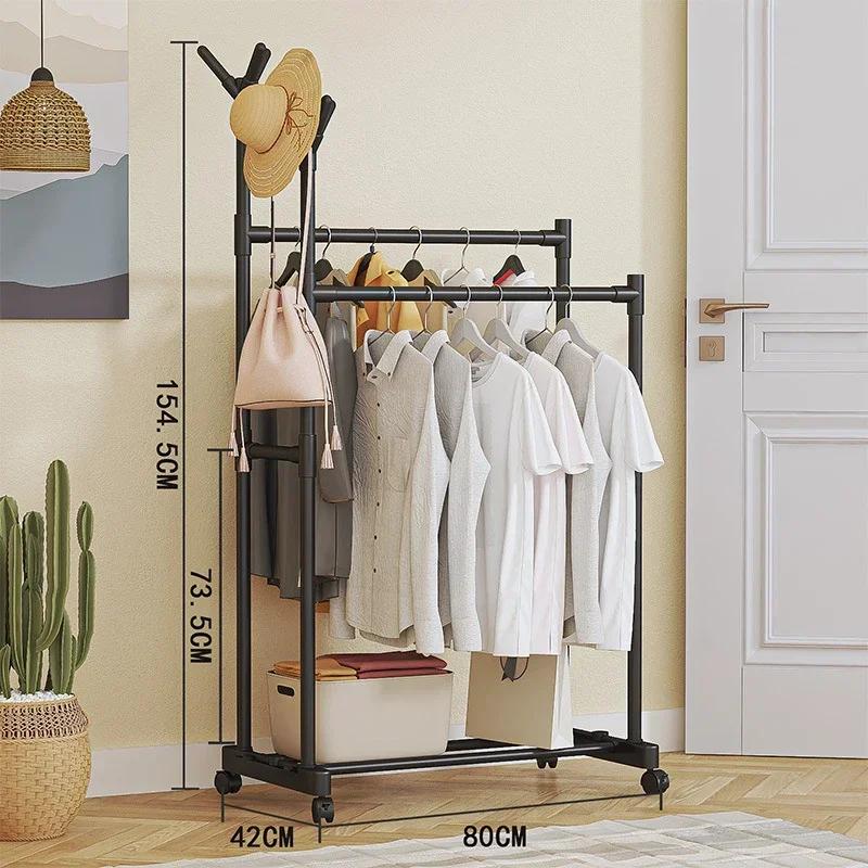 Multifunctional Bedroom Storage Racks Movable Double Rod Clothes Rack Telescopic Floor Hangers Wheeled Shoe Hat Hanger For Door