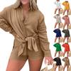 Women's Fashion Solid Color Double Layer Crepe Long Button Shirt Long Sleeve+Shorts Set