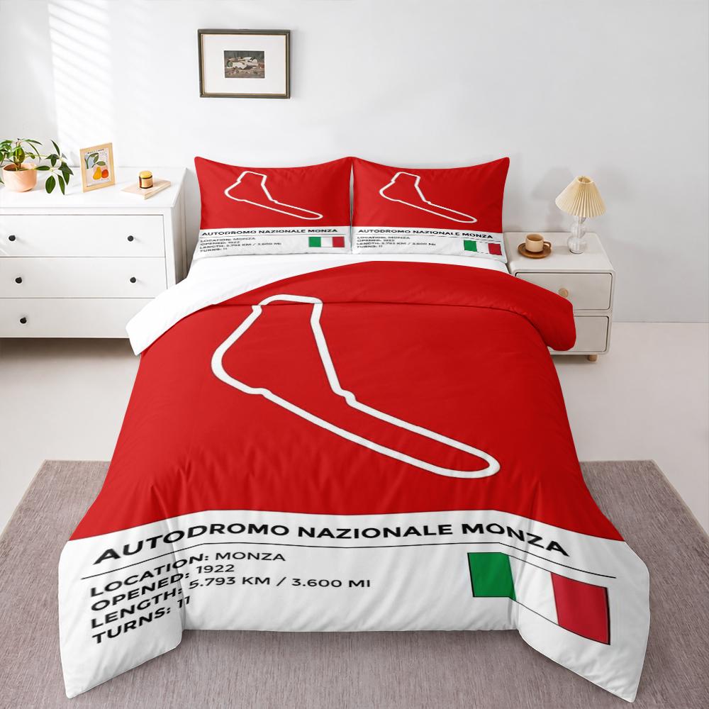 Monza Circuit Map Red Bedding set (1 duvet cover, 2 pillowcases, duvet not included) for F1 Fan Game Room Decor, Autodromo Nazionale Track Art Print