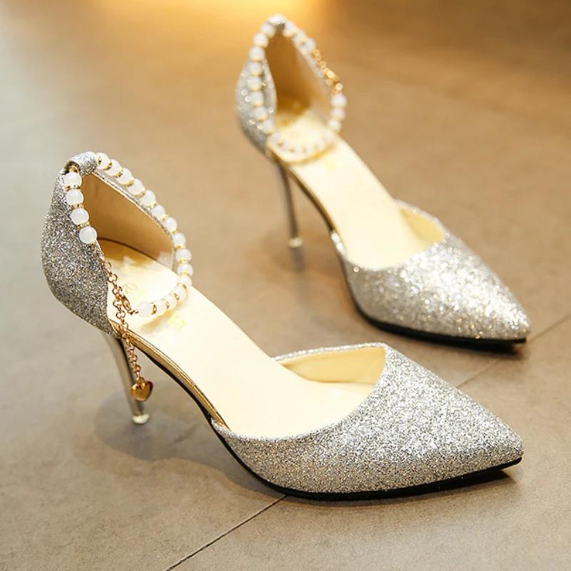 Sexy Women High Heels Pointed Toe Pearl Party Shoes Women Fashion Designer Sandals Luxury Bling Women's Pumps Sandalias De Mujer