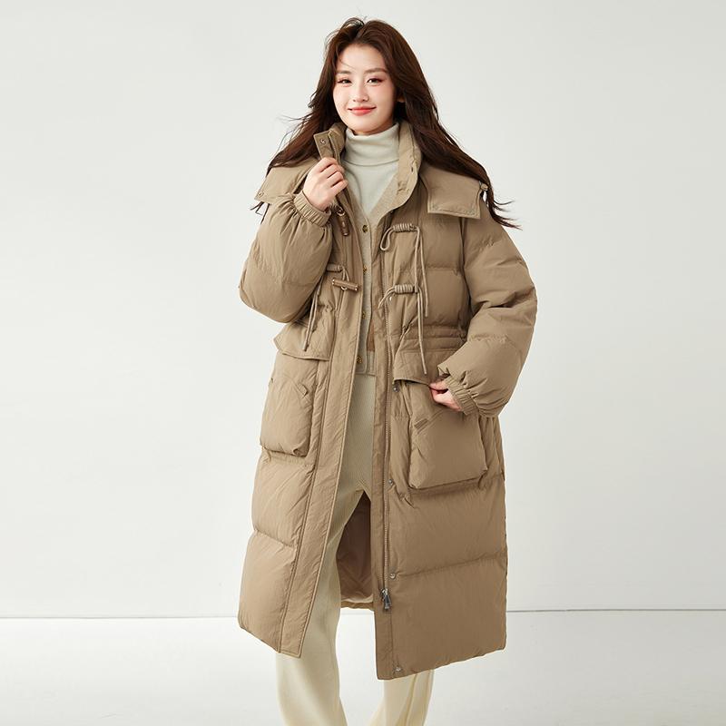 Women's Long Loose Light Down Jacket Autumn Winter Hooded Straight White Duck Down Coat Stand Collar Big Pocket Solid Color