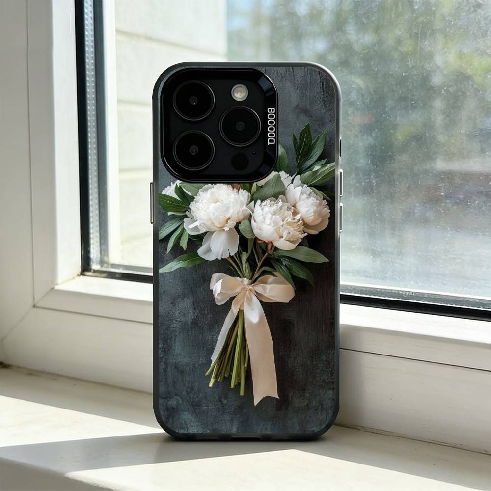 Elegant Peony F-Flower Phone Case For iPhone 17,16,15,14,13,12,11 Plus,Pro Max,XS,Colorful Silver Black Cover