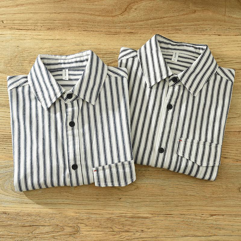Рубашка в полоску с длинным рукавом в японском стиле в стиле ретро для мужчин, молодежная, 100% хлопок, повседневные свободные рубашки с карманом, мужская одежда на весну/осень