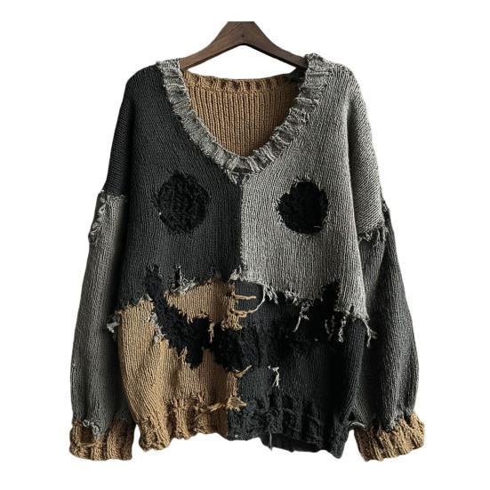 Женский пуловер с V-образным вырезом и графическим принтом, с длинным рукавом, повседневный вязаный свитшот оверсайз, рваный винтажный осенний топ