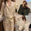 Women Four Seasons Pajamas Two-Piece Set Long-Sleeved Long-Pants Ice Silk Young Girl Large Size Striped Casual Simple Homewear