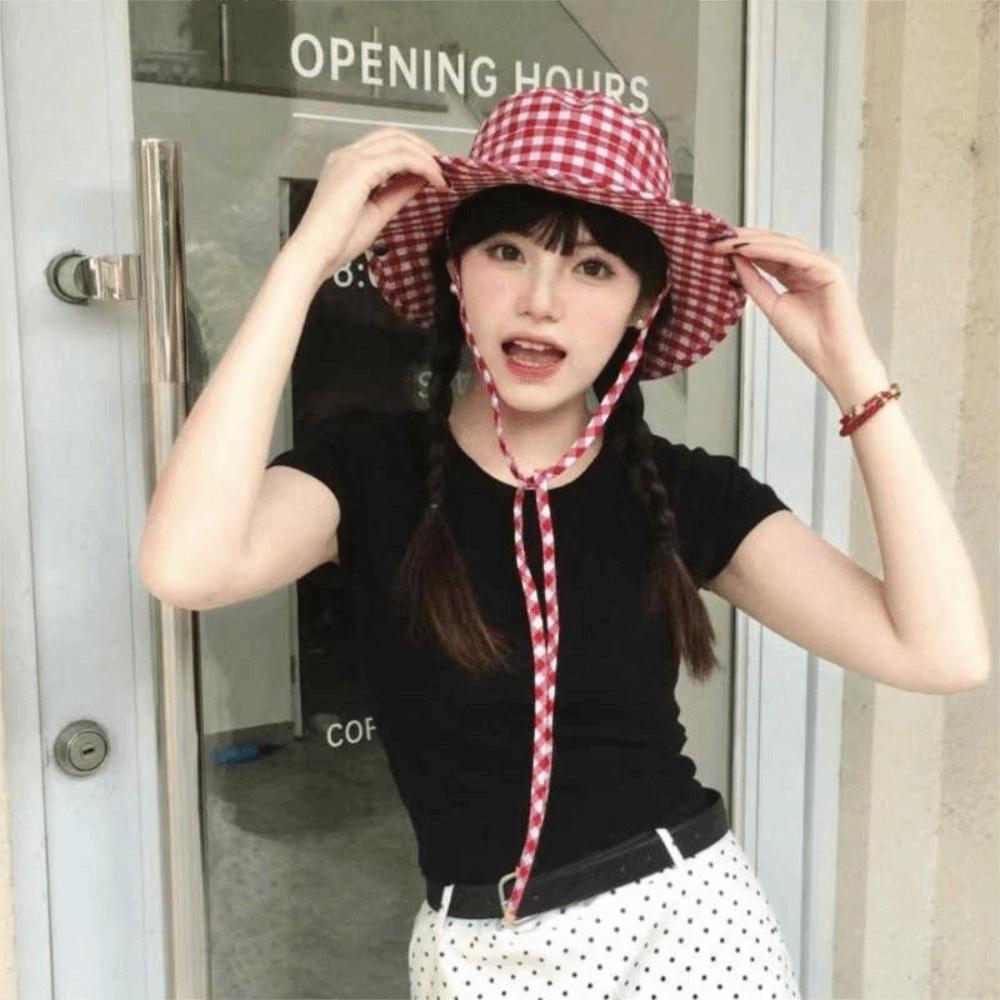 Japanese Y2k Fishmen Hat Lattice Wide Brim Sun Hat Fashion Bucket Hat Spring