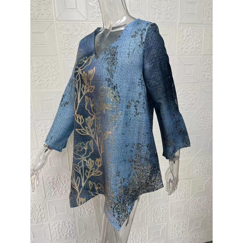 Весна Лето V-образный вырез Принт Мода Женская Блузка Новая Повседневная Свободная Необычная Топ Футболка Большого Размера Простая Элегантная Офисная Рубашка Женская Одежда