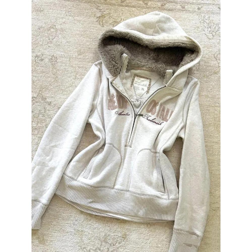 Винтажная толстовка с капюшоном и меховым воротником с надписью «Письмо» на молнии «Осень-зима» Y2K, флисовая куртка в стиле ретро «Харадзюку», вышивка, плюш, темная мода