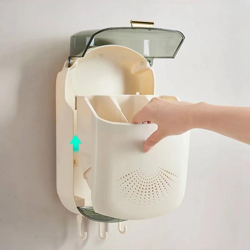 Wall-Mounted Dustproof Chopstick Holder Multi-functional Cutlery Holder Kitchen Knife Fork Spoon Container with Lid for Drainage