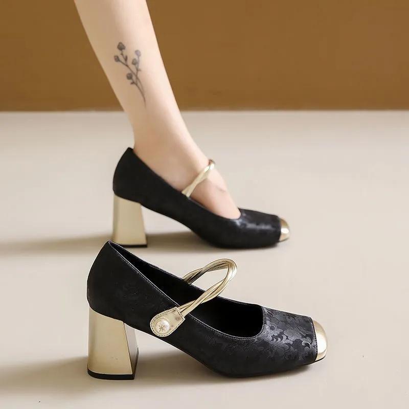 Женская обувь женская повседневная милая легкая весна и лето квадратный каблук зеленые туфли женская мода черные ретро туфли ab269