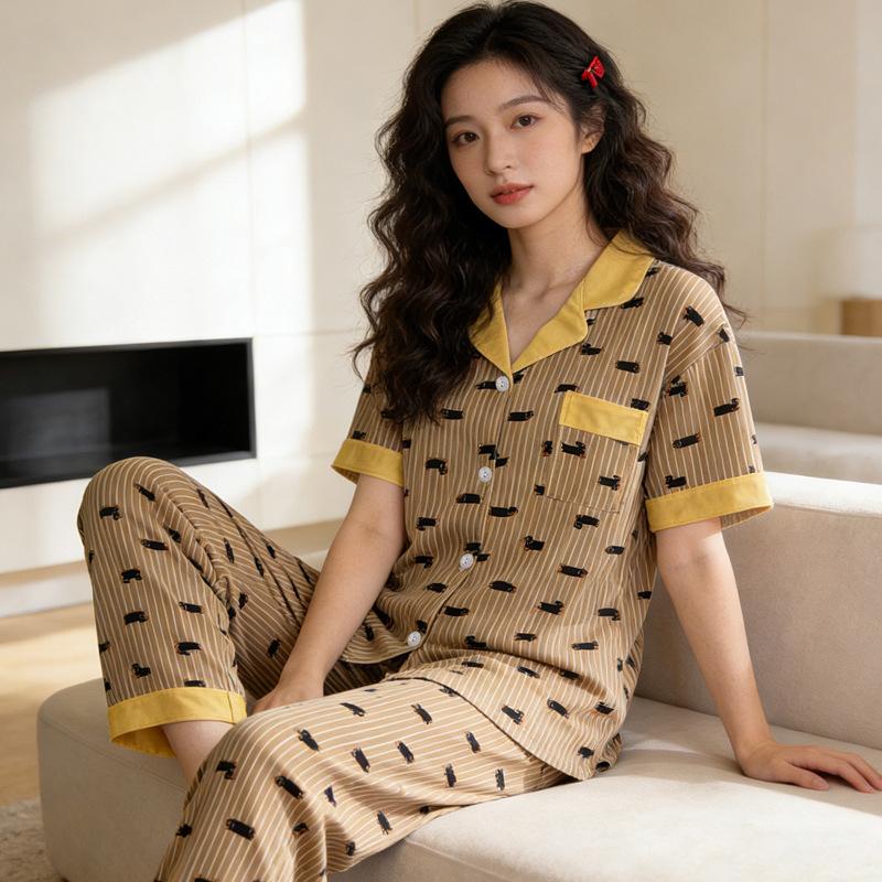 Imitation cotton cardigan pajamas women's summer short-sleeved trousers pastoral cartoon little yellow duck loose and comfortable loungewear