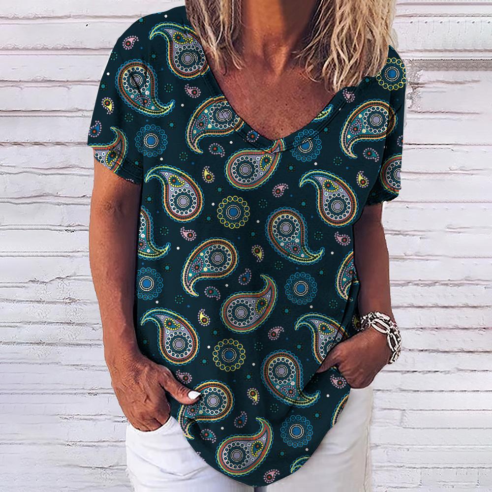 Винтажный принт топ женский с короткими рукавами уличная летняя футболка женская мода повседневная футболка с V-образным вырезом Y2k свободная женская одежда