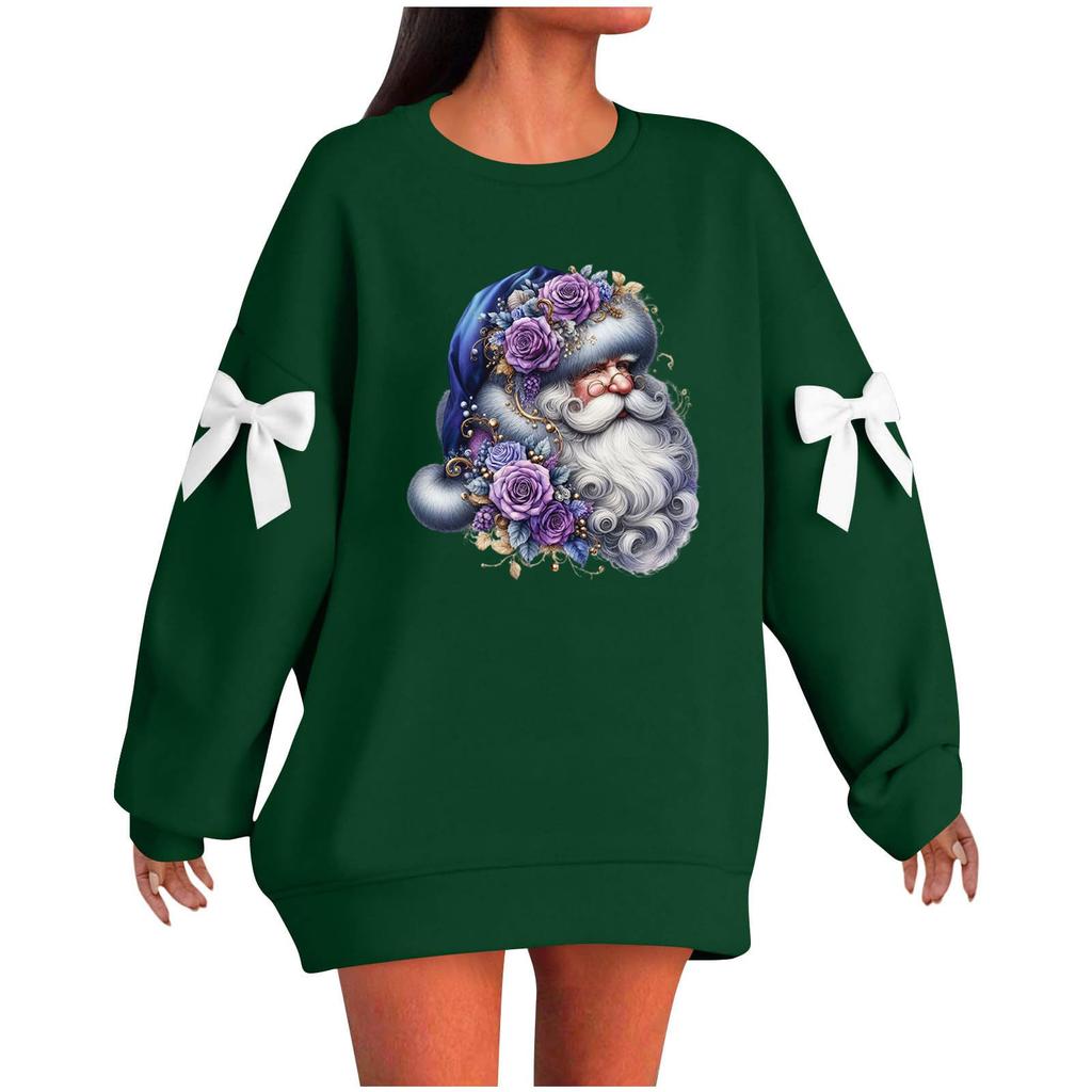 Ladies' Christmas Printed Bow Round Neck Long Sleeved Loose Pullover Sweater Sweatshirt Top