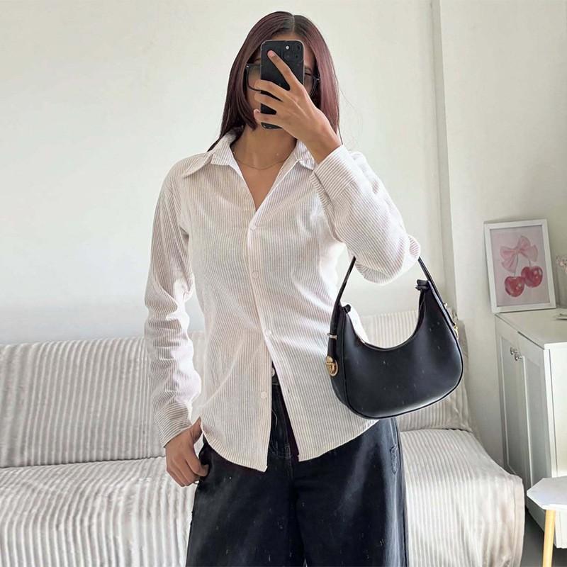 Womens Striped Long Sleeve Shirt 2026 Elegant Commuter Slim Fit Tie Blouse