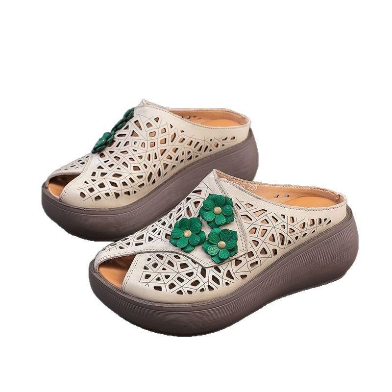 Sandals Women 2025 Summer Women's Shoes Real Soft Leather Hollow Sandals Retro Middle-aged and Elderly Outer Wear Fish Mouth Slippers