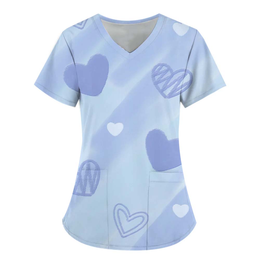 Women Working Uniform Smile Heart Print Cartoon Cat Dog Short Sleeve V-neck Tops Femme Blouse Nurse Work Wear Medical Uniforms