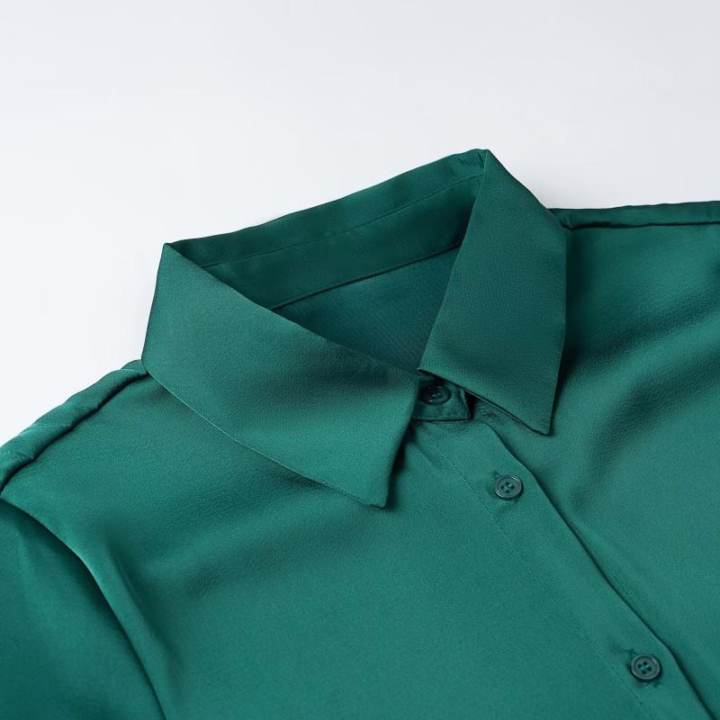 2026 Womens Green Collared Long Sleeve Shirt Regular Fit Street Style Plain Color Design