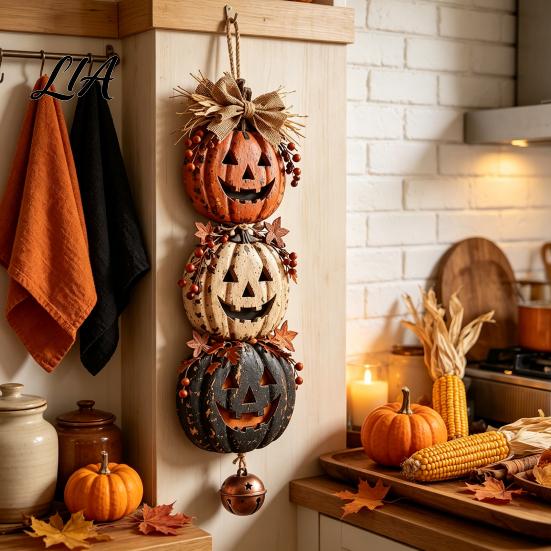 Halloween Hanging Ornaments Stacked Pumpkin Door Hanger, Vintage Jack?O?Lantern Wall Ornament, Maple Leaf Berry Ornament Rustic Fall Harvest Decor