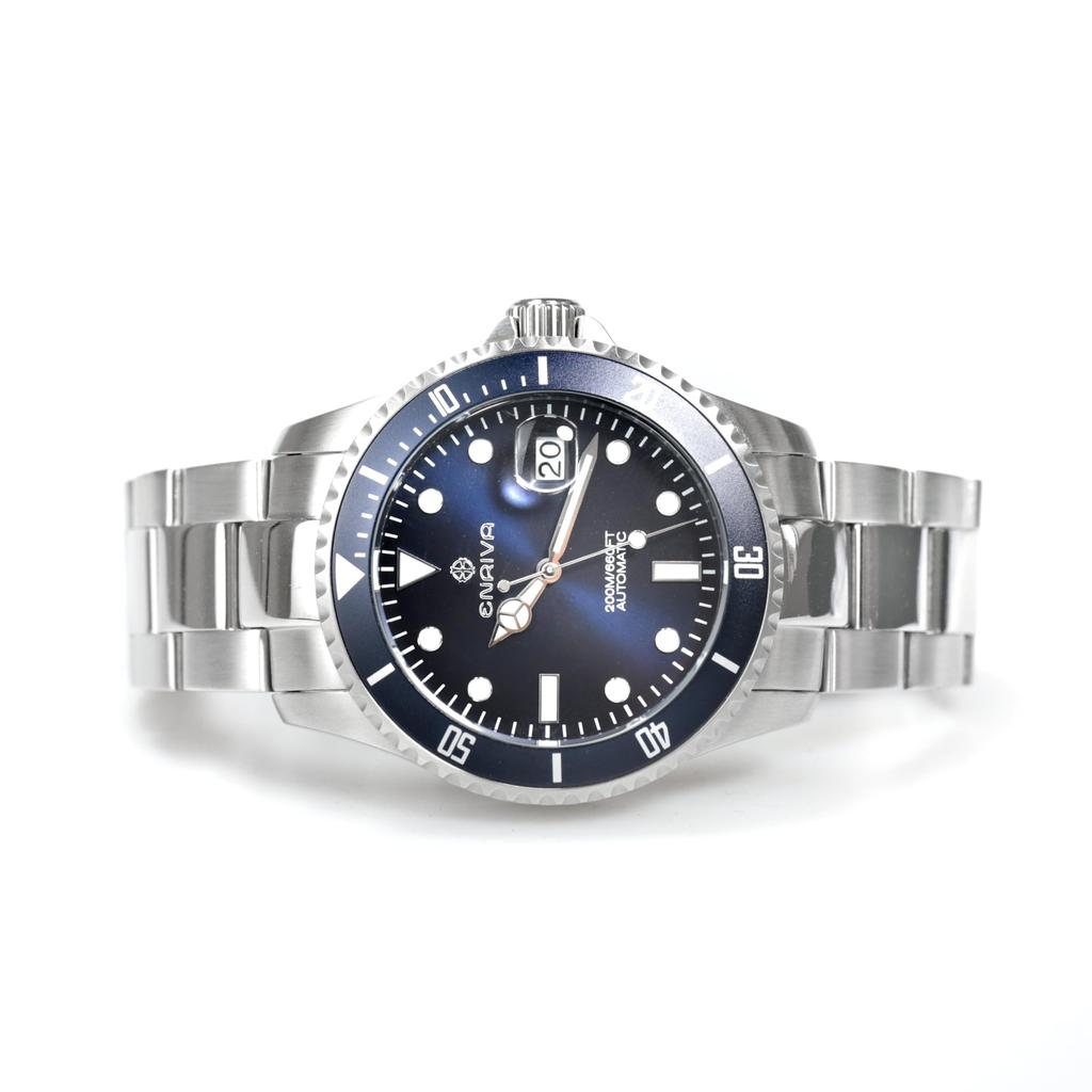 ENRIVA Men's 200m Water Resistant Diver Automatic Watch with Stainless Steel Band, Professional Japanese-Made Automatic Watch with Three Hands, Date