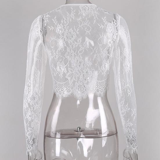 O-Neck Long Sleeve Embroidery Pattern Crop Top Women See-Through Floral Lace Blouse