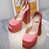 Fashion 2025 New High-Heeled Waterproof Table One-Line Buckle Rhinestone Banquet Ladies Satin Sandals Plus-Size Fashion Runway