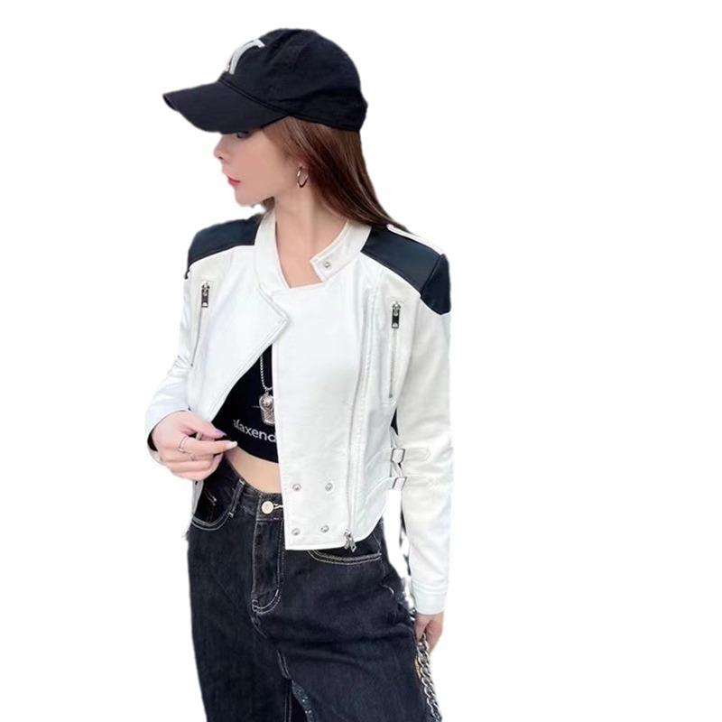 Маленькая кожаная куртка для женщин весна и осень новый модный дизайн индивидуальный контрастный цвет мотоциклетная короткая куртка