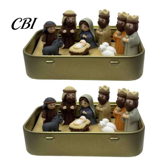 Christmas Manger Decor Mini Nativity Set in A Tin Box, 3D Printed Pocket Size Holy Family Christian Holiday Ornament Figurines, Miniature Religious