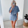 2 Piece Denim Outfit for Women Short Sleeve Lapel V Neck Crop Top And High Waist Jean Skirt Shorts Set Summer Streetwear Suit