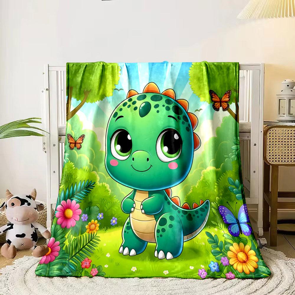Cute Green Dinosaur in a Vibrant Forest print blanket soft and cozy perfect for the living room bed sofa or a nap,gift