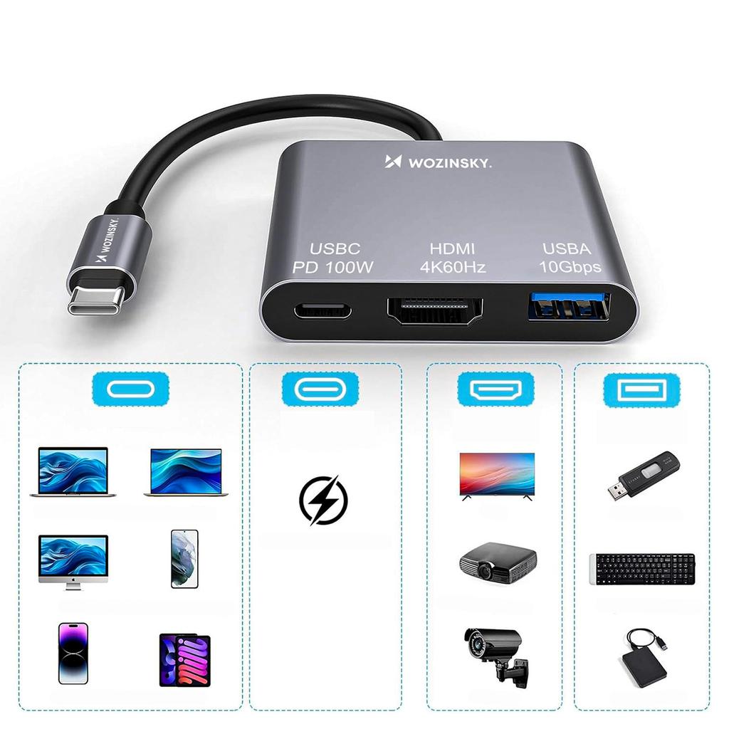 Хаб-разветвитель USB-C на USB-C USB-A HDMI PD 10 Гбит/с 4K - серый
