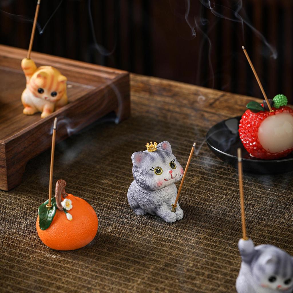 Celadon Lychee Incense Holder: Creative Small Sandalwood Burner with Kitten Ornament for Tea Table.