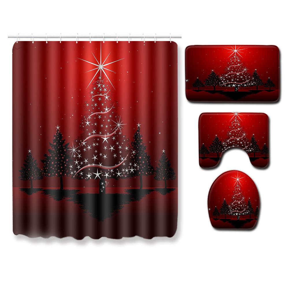 Christmas Waterproof Shower Curtain Four-Piece Combination Floor Mat Entrance Door Mat Bedroom Living Room Carpet