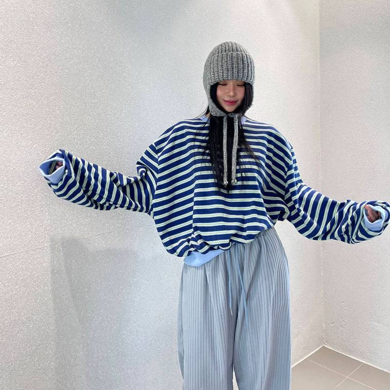 Spring Girls Striped Casual Sweatshirt With Patching For Daily Wear